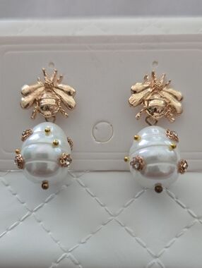 Gold Bee Crystal Earrings w/ Pearl Egg Enamel - New 2"